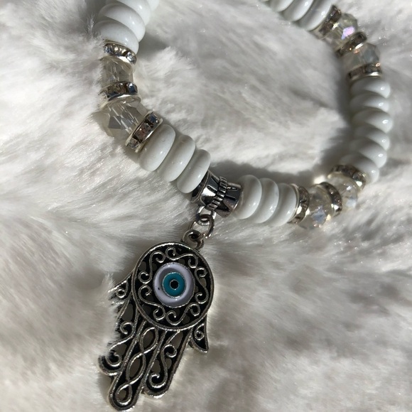 White Beaded Hamsa and Evil Eye Bracelet - Picture 1 of 8